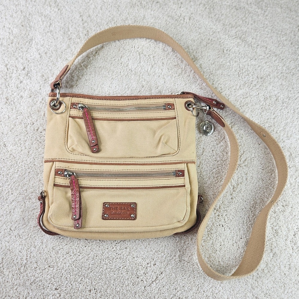 The Sak Crossbody Bag Beige Canvas Leather Trim Travel Purse Everyday Handbag